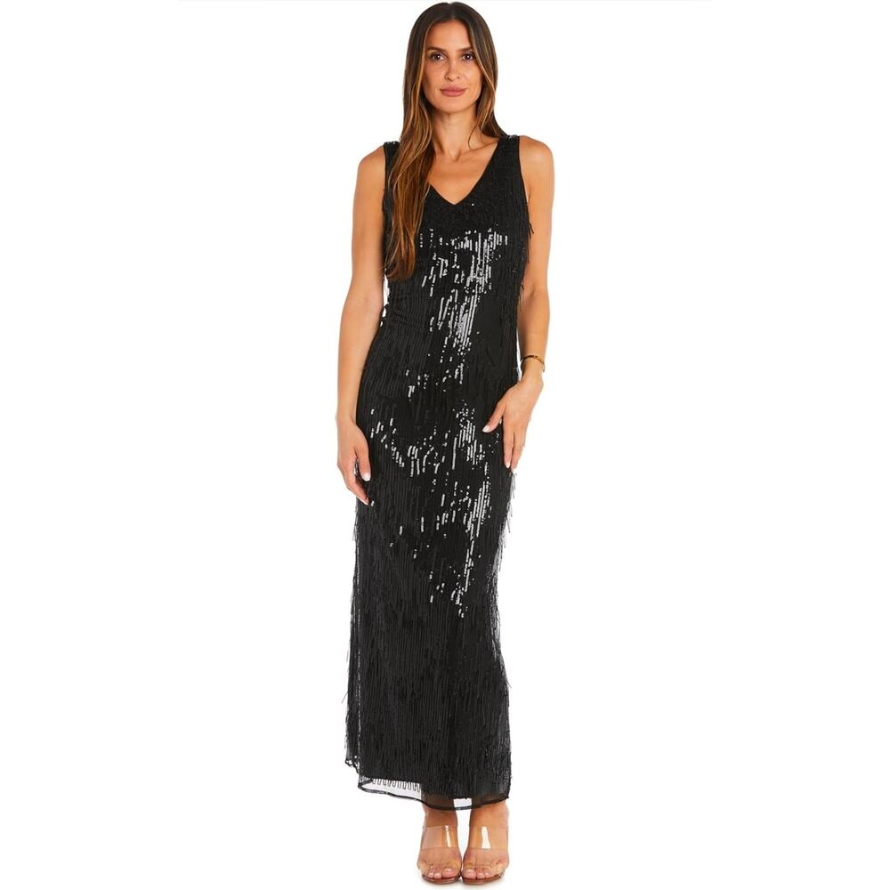 R&M Richards Showstopper Sequined Fringe Black Cocktail Maxi Dress 8